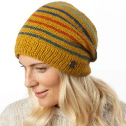 Pure Wool Hand knit - fine stripe - baggy beanie - Mustard