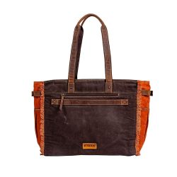 Handmade Print Weekend Overnight Canvas Brown Orange Bag - S-9292 - Myra