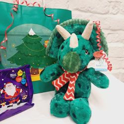 Christmas Green Dinosaur Plush Soft Toy Keel & Cadburys Selection Box Gift Set