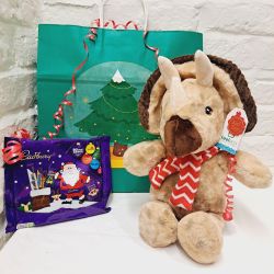 Christmas Brown Dinosaur Plush Soft Toy Keel & Cadburys Selection Box Gift Set