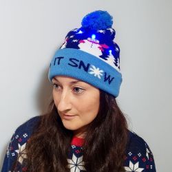 Let It Snow Blue Christmas Beanie Hat Light Up - Snazzy Santa