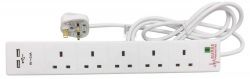 Mercury 429.843 5 Gang Surge 2400ma Protected USB 2m Mains Extension Lead - Wht