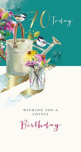 70th Birthday Card - Watering Can Time in the Garden - Ling Design