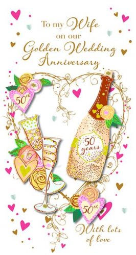 Wedding Anniversary Card - Wife 50th Golden - 3D Glitter - Talking Pictures