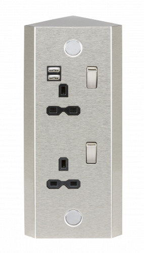 Knightsbridge 13A 2G Vertical Switched Socket with Dual USB Charger (2.4A) - Stainless Steel with black insert (SKR001A)