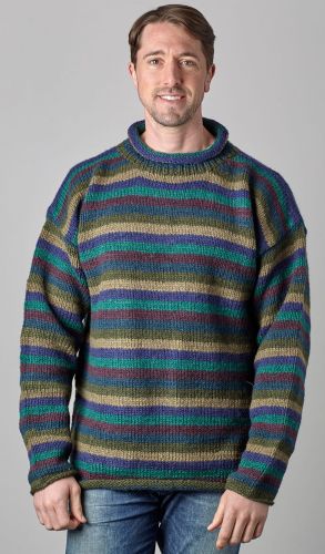 Handmade Pure Wool - stripe jumper - Greens/blues