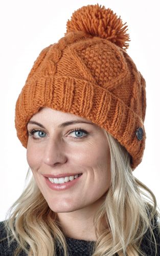 Pure Wool Celtic bobble hat - turn up - apricot