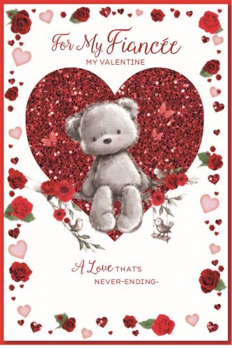 Valentine's Day Card - Fiancee Heart Bear Roses - Glitter - Simon Elvin