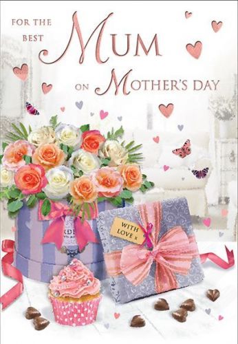 Mother's Day Card - Best Mum - Flowers Cupcake Chocolates - Glitter - Regal
