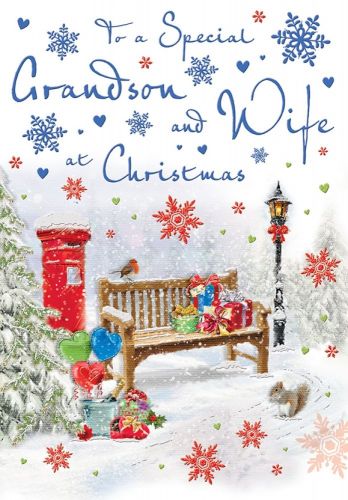 Christmas Card - Grandson & Wife - Bench - Glittered - Regal 