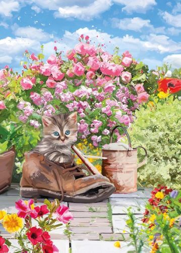Birthday Card - Tabby Kitten Boot Watering Can - Country Cards