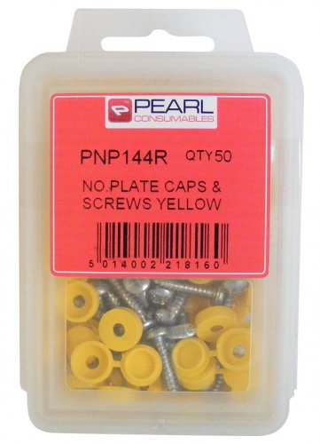 Pearl Number Plate Fixing Caps & Screws -Yellow Caps & Metal Screws - Pack of 50