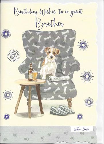 Birthday Card - Brother - Dog - Terrier & Armchair - Out of the Blue