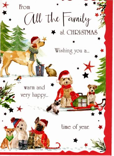 Christmas Card - From All The Family - Dog - Foiled - Out of the Blue