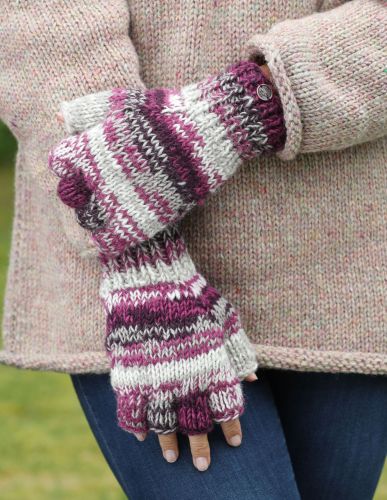 Pure wool - electric stripe - fingerless gloves - aubergine