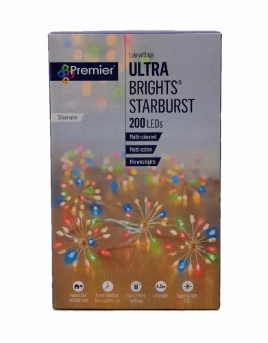 Premier Decorations 200 Multi-Action Ultra Brights Starburst String Lights - Multicoloured