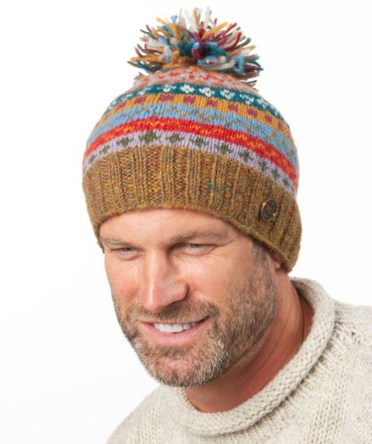 Pure Wool Hand Knit - Fair Isle Bobble Hat - Gold Heather