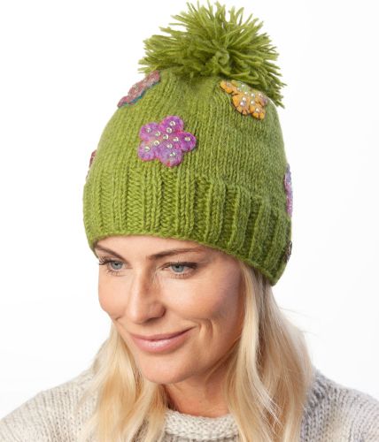 Pure wool - felt flower sparkle bobble - Herb Green