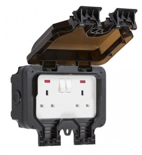 Knightsbridge IP66 13A 2G DP switched socket with neons - Black - (OP9N)