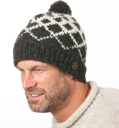 Pure Wool Hand knit - Graduated Diamond Bobble Hat - Charcoal