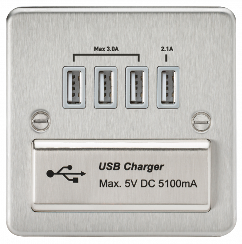 Knightsbridge Flat Plate Quad USB charger outlet - Brushed chrome with grey insert - (FPQUADBCG)