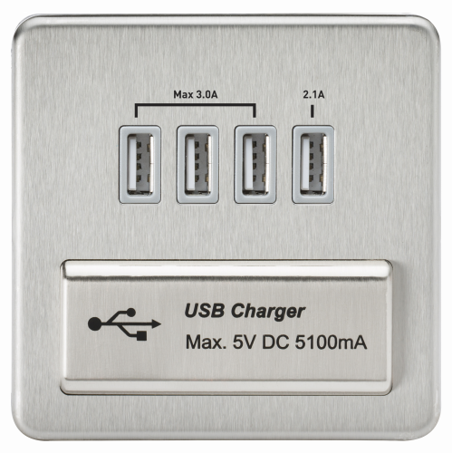 Knightsbridge Screwless Quad USB Charger Outlet (5.1A) - Brushed Chrome with Grey Insert (SFQUADBCG)