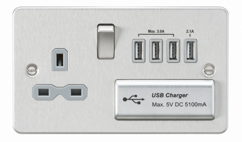 Knightsbridge Flat plate 13A switched socket with quad USB charger - brushed chrome with grey insert - (FPR7USB4BCG)