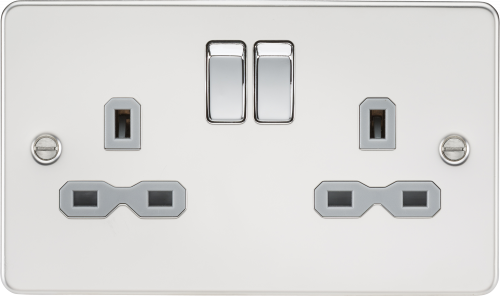 Knightsbridge Flat plate 13A 2G DP switched socket - polished chrome with grey insert (FPR9000PCG)