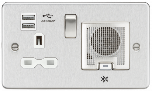 Knightsbridge Flat Plate 13A socket, USB chargers (2.4A) and Bluetooth Speaker - Brushed chrome with white insert - (FPR9905BCW)