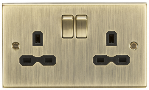 Knightsbridge 13A 2G Switched Socket with Black Insert - Square Edge Antique Brass (CS9AB)