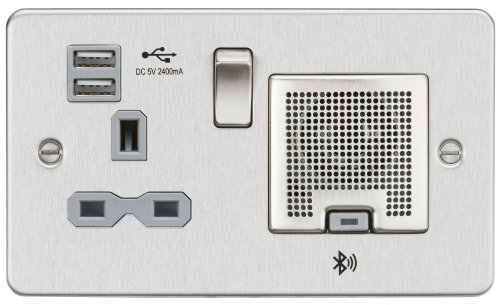 Knightsbridge Flat Plate 13A socket, USB chargers (2.4A) and Bluetooth Speaker - Brushed chrome with grey insert - (FPR9905BCG)