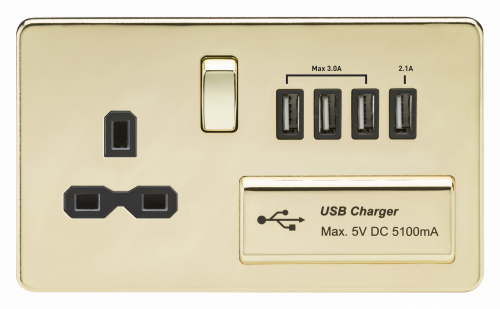 Knightsbridge Screwless 13A switched socket with quad USB charger (5.1A) - polished brass with black insert - (SFR7USB4PB)