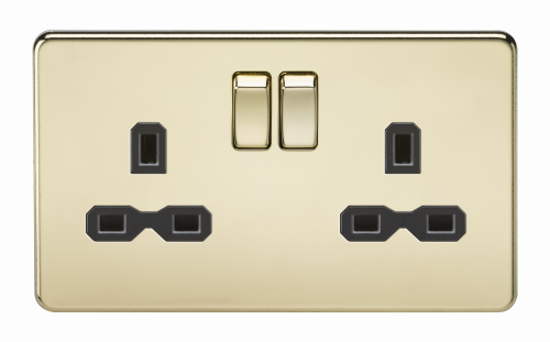 Knightsbridge Screwless 13A 2G DP switched socket - polished brass with black insert - (SFR9000PB)