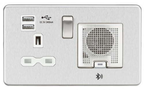 Knightsbridge Screwless 13A socket, USB chargers (2.4A) and Bluetooth Speaker - Brushed chrome with white insert - (SFR9905BCW)