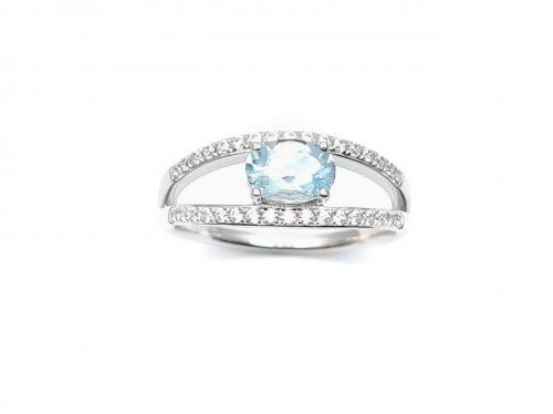 Silver Oval Aquamarine & CZ Ring