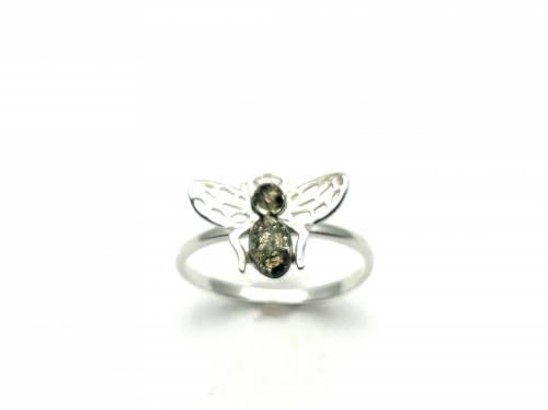 Silver Green Amber Bee Ring size O