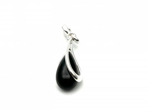 Silver Black Tear Drop Whitby Jet Pendant 31mm