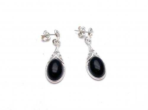 Silver Black Whitby Jet Drop Stud Earrings