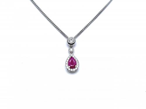 Silver Ruby & CZ Teardrop Pendant & Chain