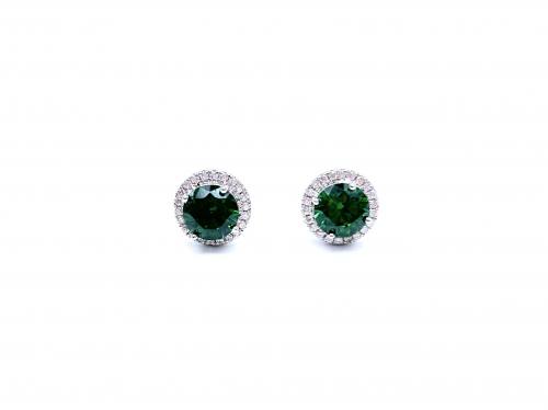 Silver Green & White CZ Round Halo Stud Earrings