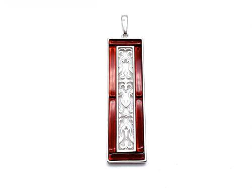 Silver Amber Ornate Rectangular Pendant