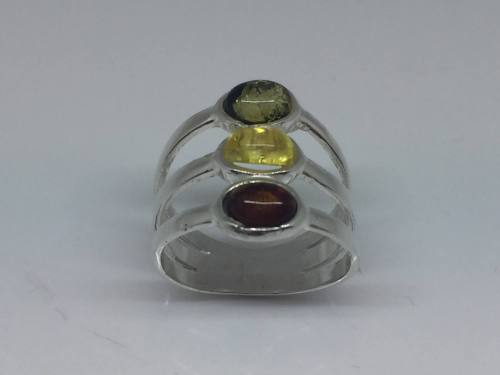 Silver and Amber multicoloured triple oval ring