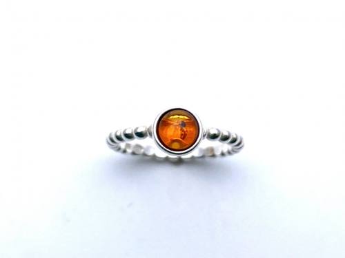 Silver Round Amber Bead Band Ring