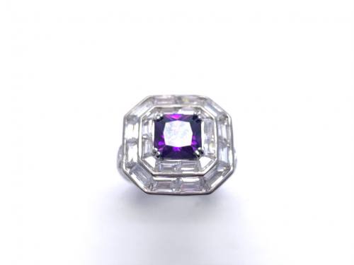 Silver Purple & Clear CZ Cluster Ring