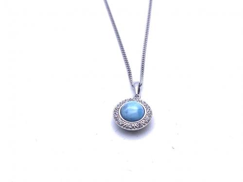 Silver Cabochon Cut Larimar & CZ Pendant & Chain