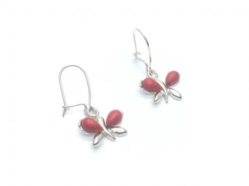 Silver Created Coral Butterfly Drop Earrings