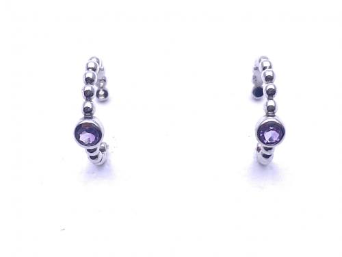 Silver Amethyst Bobble Hoop Stud Earrings 14mm