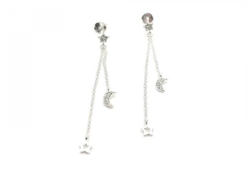 Silver Chain Moon & Star CZ Stud Earrings
