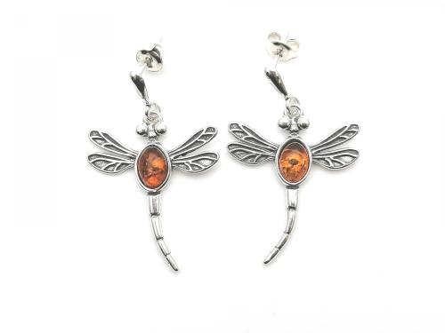 Silver Amber Dragonfly Stud Earrings
