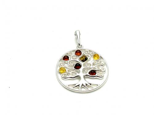 silver Amber Tree Of Life Pendant 26mm